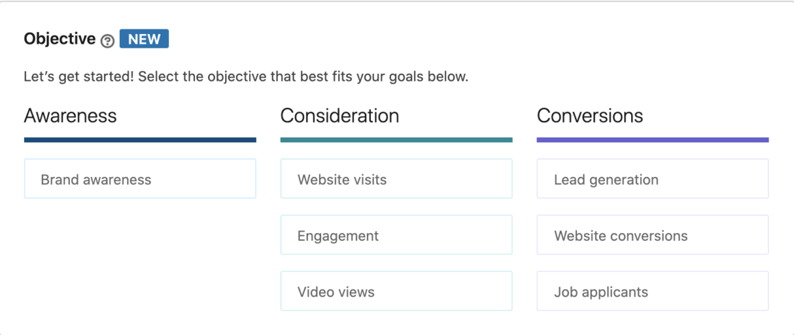 Abyste mohli správně nastavit kampaň, je třeba si v prvním kroku určit cíle této reklamy. LinkedIn reklama je silným nástrojem v budování povědomí, ale zároveň umí i generovat kvalitní návštěvnost webu.