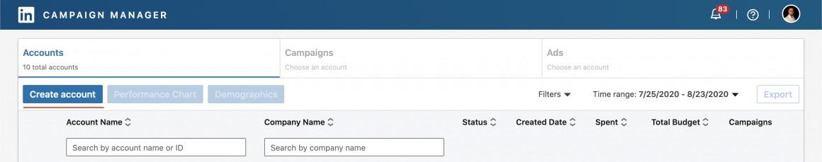 Takto vypadá LinkedIn Campaign Manager pro správu LinkedIn placené propagace.