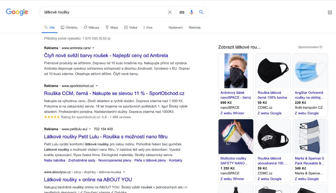 Reklama na roušky, které jsou vyrobené z látky, by měla bez problémů fungovat v Google Ads a to právě z důvodu, že se nejedná o medical prostředek, ale v podstatě o fashion doplněk.