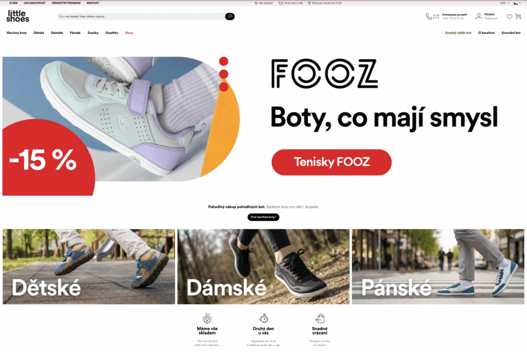 Little Shoes také frčí na platformě Shoptet. Tento e-shop také prošel custom edity pomocí kodéra.