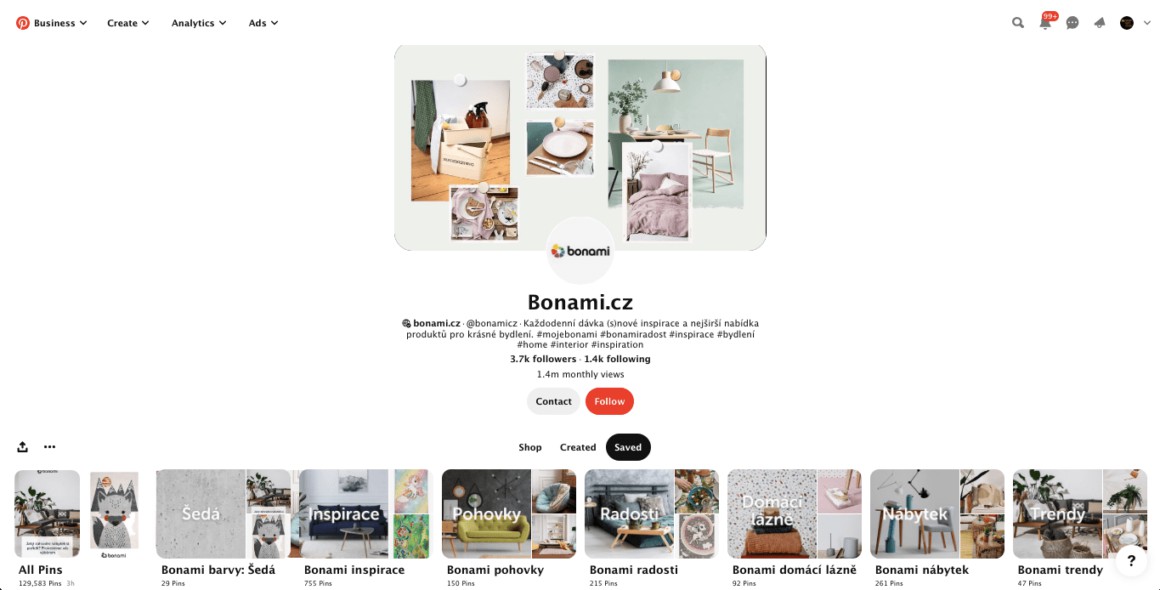 Bonami je jeden z mála českých podniků, který na sociální síti Pinterest prezentuje správným způsobem. Většina firem umí dobře Facebook a Instagram, ale málokterá z nich dobře uchopila Pinterest.