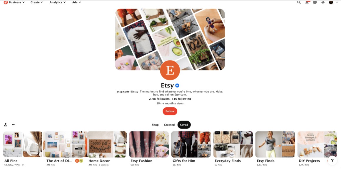 Etsy je globálním hráčem, který využívá potenciálu Pinterestu v celé své kráse. Doporučuji prozkoumat pro inspiraci.