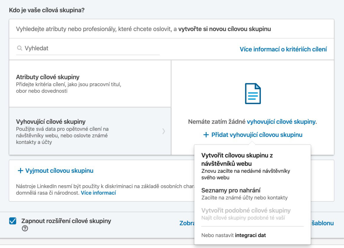 Přehnaná segmentace u LinkedIn reklamy také není ideální variantou. Doporučuji cílovou skupinu držet v desítkách tisících, až stovkách tisíců. Jednotky tisíců nebo stovky lidí je velice malá cílovka a reklama se nejspíš nerozjede a nebo bude příliš drahá.