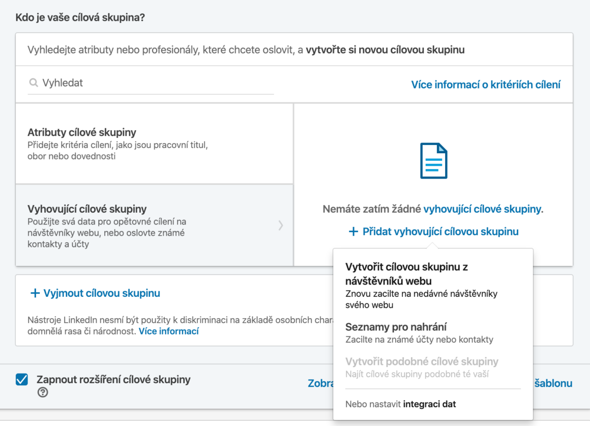 Přehnaná segmentace u LinkedIn reklamy také není ideální variantou. Doporučuji cílovou skupinu držet v desítkách tisících, až stovkách tisíců. Jednotky tisíců nebo stovky lidí je velice malá cílovka a reklama se nejspíš nerozjede a nebo bude příliš drahá.