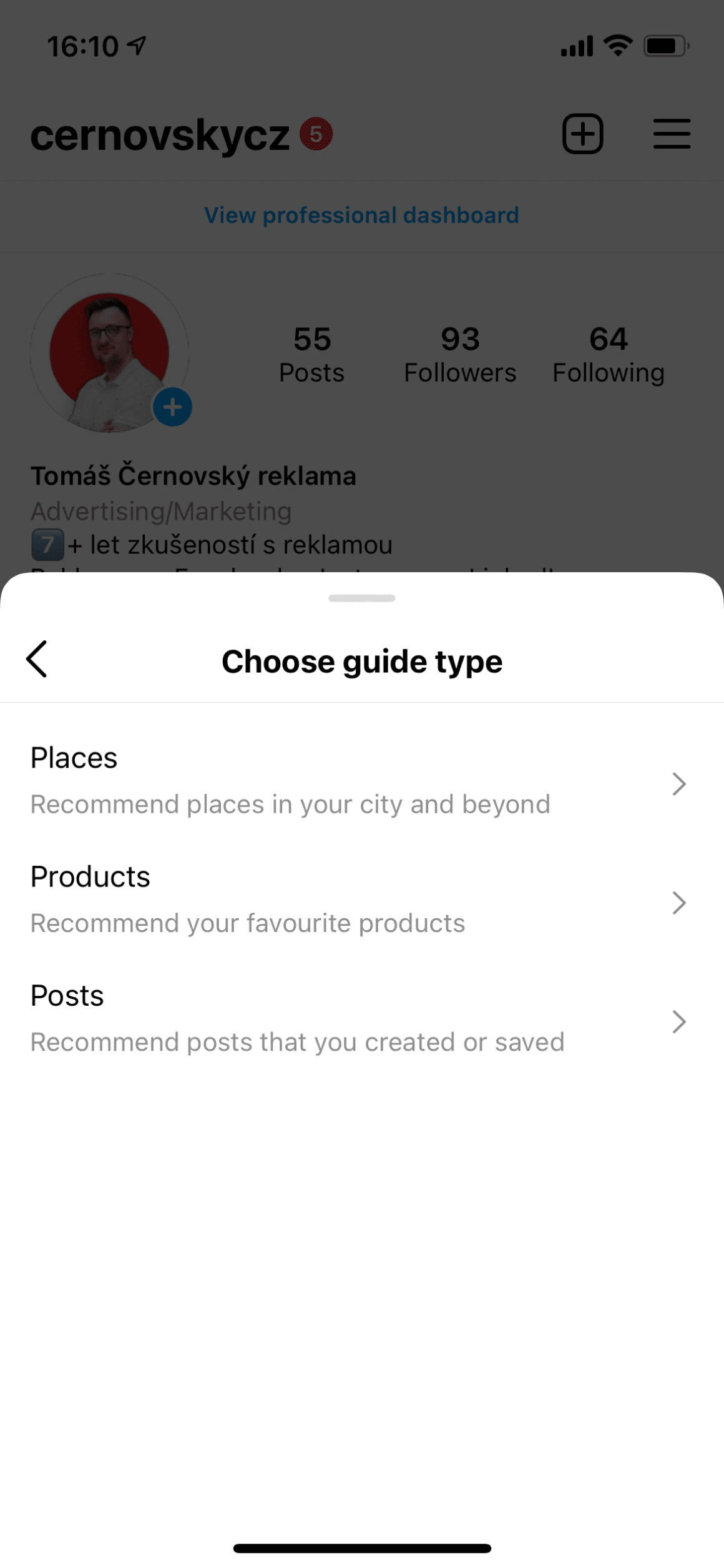 Při výběru jaký Instagram Guides / Instagram Průvodce vyberete máte 3 možnosti. Místa, produkty, příspěvky.