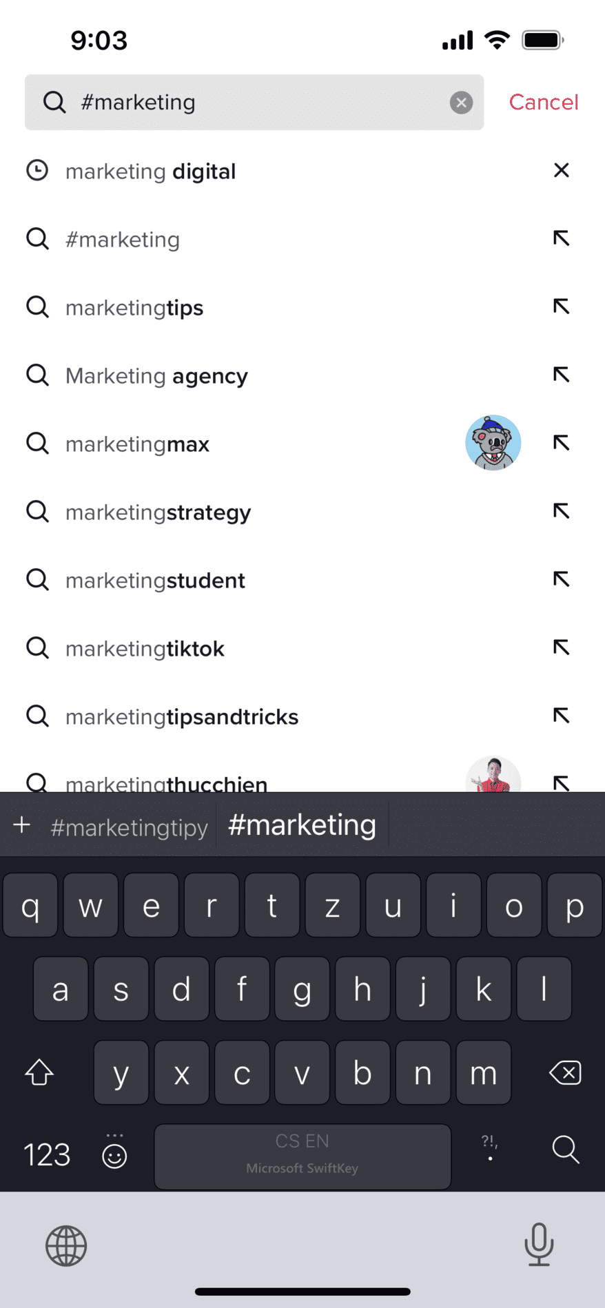 Vyhledávání dle klíčových slov na TikToku je podobně intuitivní jako na Instagramu. Aplikace vám poskytuje mnoho návrhů, které souvisí s vaším vyhledávacím dotazem.