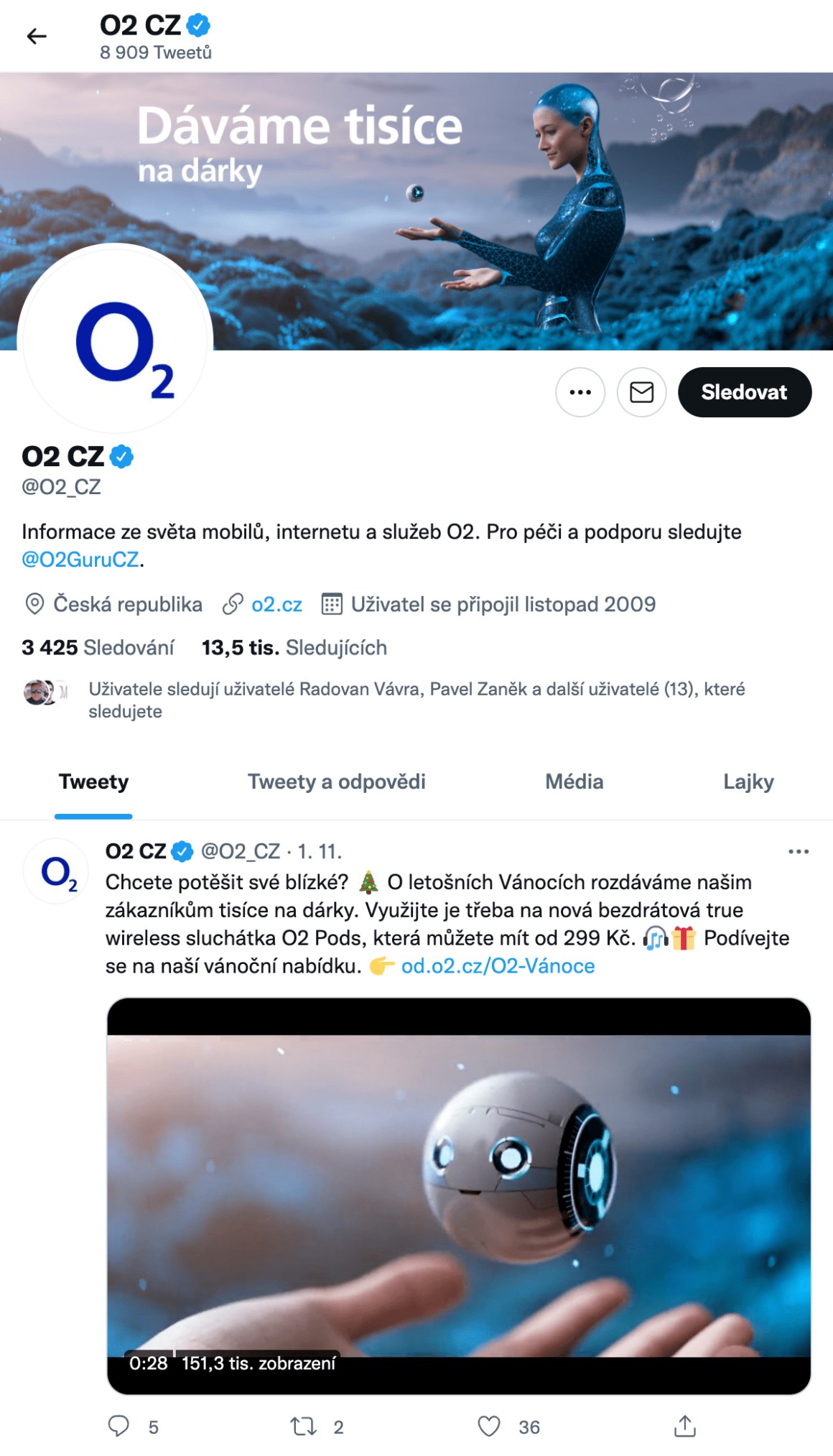 Twitter profil firmy O2 je také velice povedený, U O2 je vidět, že Twtiter bere vážně a že na Twitteru komunikuje spoustu svých kampaní a podporuje vypublikované příspěvky.