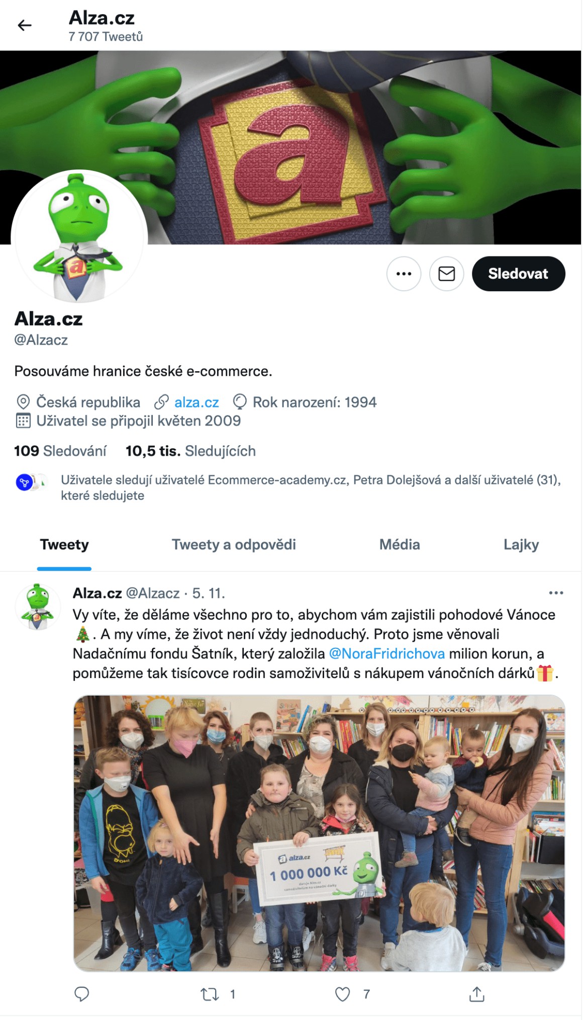 Twitter profil Alza je ukázkou toho, jak by měl vypadat správně vyplněný firemní profil. Alza do svého Twitter profilu nijak extrémně nešlape, ale je vidět, že nějakou péči této síti dává.