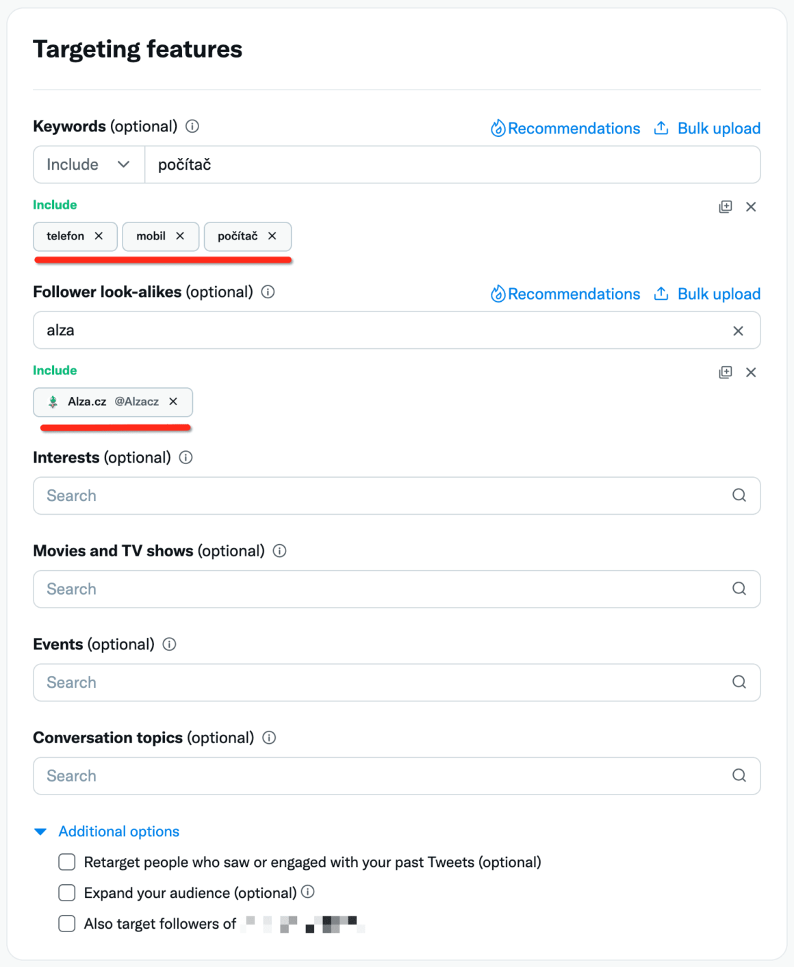 Twitter reklama umožňuje cílit dle klíčových slov (keywords), také dle zájmů, událostí, lookalikes