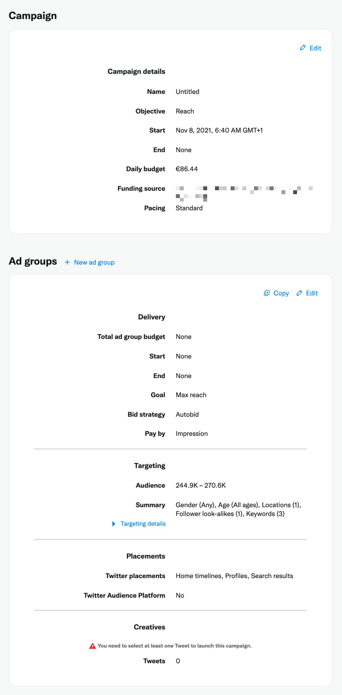 Kompletní shrnutí nastavení reklamy na Twitteru je má oblíbená funkce Twitter reklamy, díky ní máte totiž je finální kontrolu nad vším, co jste nastavili. Můžete si prověřit správně nastavené budgety, správně nastavenou optimalizaci a cílení.