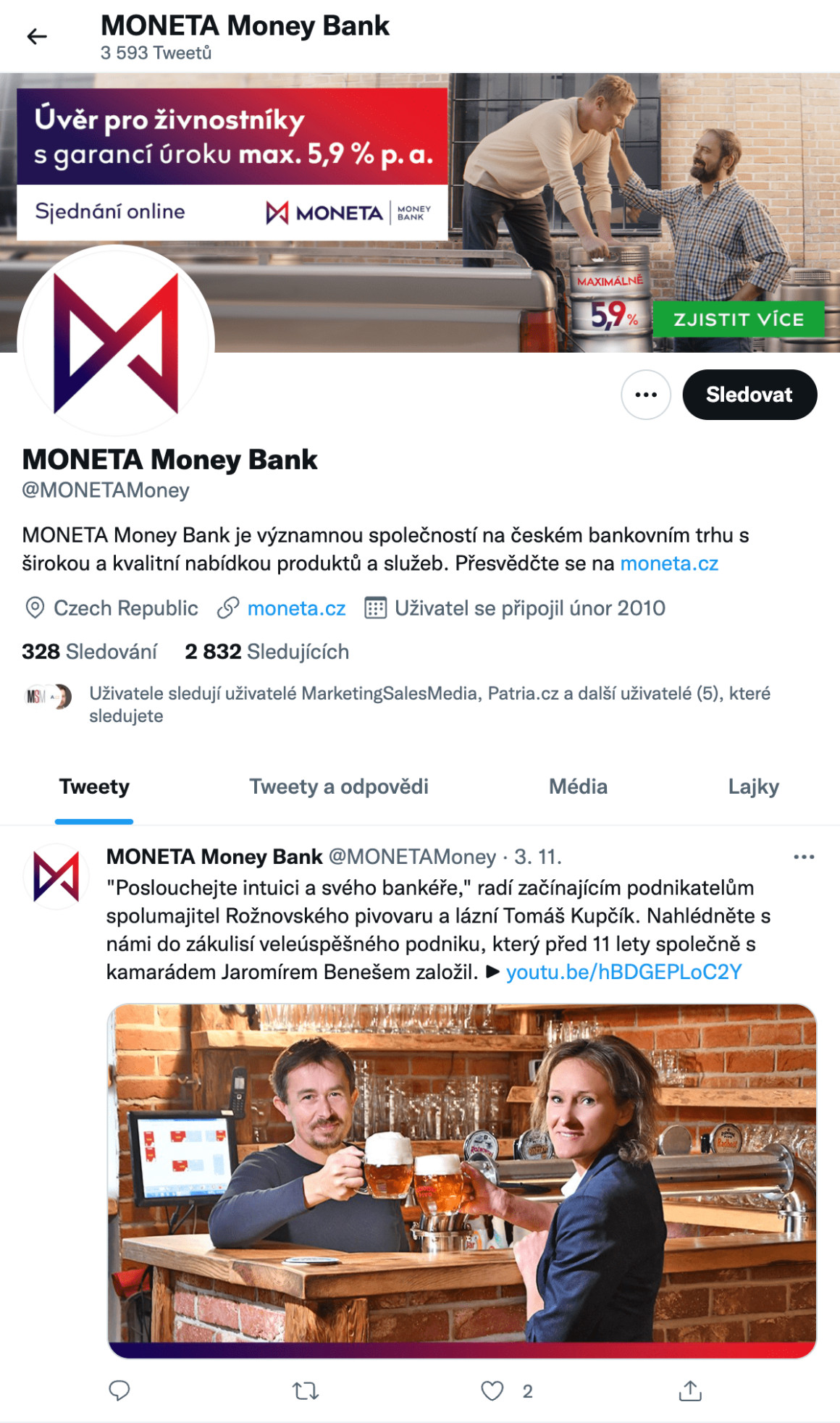 Moneta Money Bank má povedený Twitter profil. Je aktuální, informuje, přesměrovává. Určitě neuděláte chybu, pokud se budete inspirovat profilem Monety.