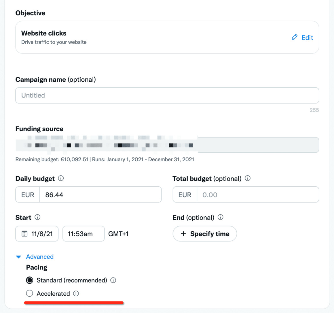 Nastavení budgetu a trvání kampaně na Twitteru je už na úrovni kampaně, nikoliv až na úrovni ad groups. Silně doporučuji nastavovat total budget, pomůže vám to držet se určeného budgetu.