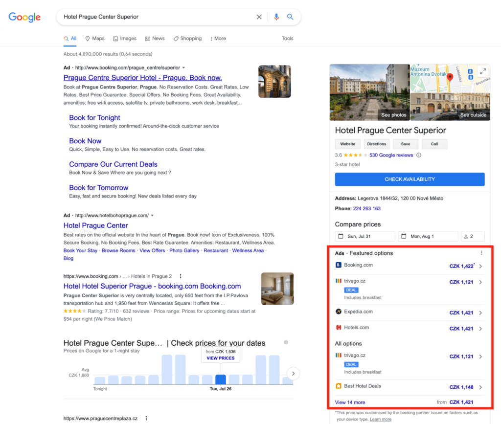 Hotelová reklama je druhem PPC reklamy v Google Ads, která nabízí hotelům možnost přímo v Google vyhledávání nabízet ceny svých pobytů a tedy usnadnit zákazníkům jejich koupi.