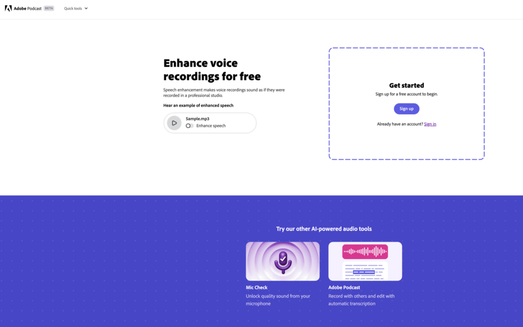 Adobe Podcast Beta Enhance Audio je úžasný AI nástroj, který funguje podobně jako Cleanvoice AI nástroj. Oba dva nástroje produkují skvělé výstupy a mohu je vřele doporučit.