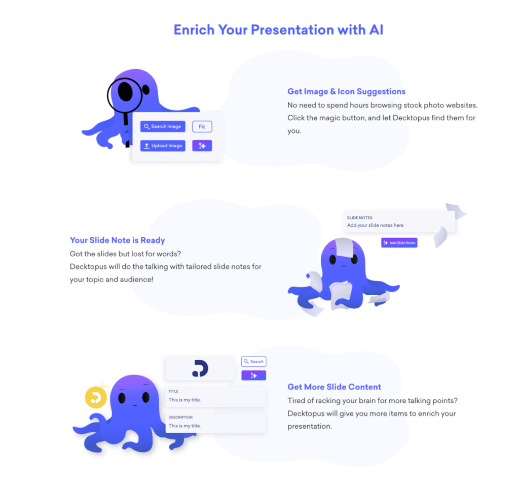 Decktopus AI je příkladem toho, jak se konkrétní firmy zaměřují narozdíl od ChatGPT na specifickou funkcionalitu a odvětví. V aktuální dobu vzniká spousta AI nástrojů, které jsou založené na umělé inteligenci a snaží se prorazit ve svém odvětví.