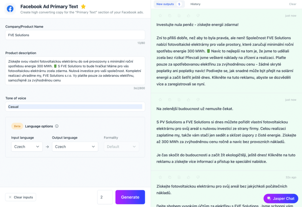 Takto vypadá tvorba textace do Facebook reklamy. Můžete si zvolit, kolik výstupů chcete od Jasperu, aby vám dodal. Jaký chcete tón textu. A samozřejmě jazyk vstupu a výstupu.