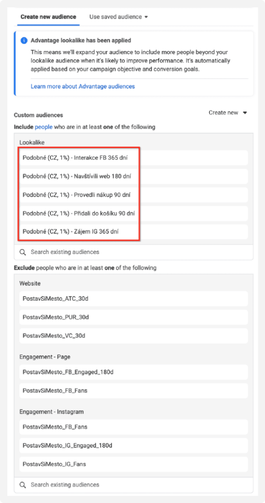 Lookalike cílení ve Facebook a Instagram reklamě stále doporučuji využívat. Aby vám dobře fungovalo, potřebujete zdrojová publika, která musí mít již nějaká data, aby byly lookaliky kvalitní. Poté vám toto publikum může fungovat skvěle.