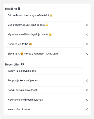 5 nadpisů a 5 popisků reklamy umožňuje Dynamic creative ve Facebook marketingu. Za mě skvělá věc, kdy jste schopni relativně rychle otestovat co vám lépe funguje a to poté poupravit a vyzkoušet třeba v jiné variantě.