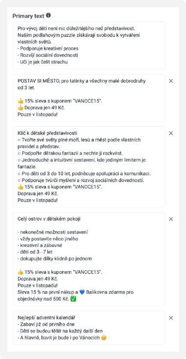 5 reklamních textů při využití Dynamic creative je super možnost, jak vyzkoušet různé kombinace textu. Krátké, dlouhé, úderné, popisné, příběhové, apod.