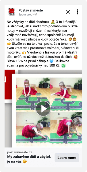 Klient nám dodal video, které sám natočil. Video jako takové nebylo špatné, jenom dnes je potřeba více zamakat v post produkci na střihu, titulkách, muzice a záběrech. Video do Facebook reklamy musí mít správné flow, dynamiku a vhodné prostřihy. Na to prosím nezapomínejte.