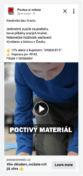 Náhled druhého sestříhaného videa týmem střihačů Cernovsky. Jedná se o videoreklamu na Facebooku, která fungovala skvěle v rámci výkonnostních kampaní.