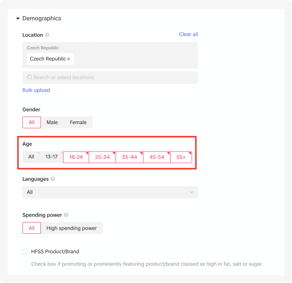 U TikTok reklamy můžete tak jako u jiného online reklamního systému cílit na věk uživatele. My jsme v tomto případě volily věk nad 18 let.