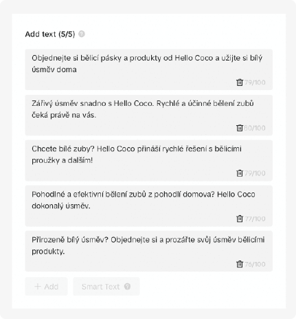 Rozhodně doporučuji využít všech 5 políček pro texty u TikTok reklamy. Nemáte tím co zkazit. Zkuste je sepsat tak, aby se od sebe lišily a tím jste mohli otestovat větší variabilitu.