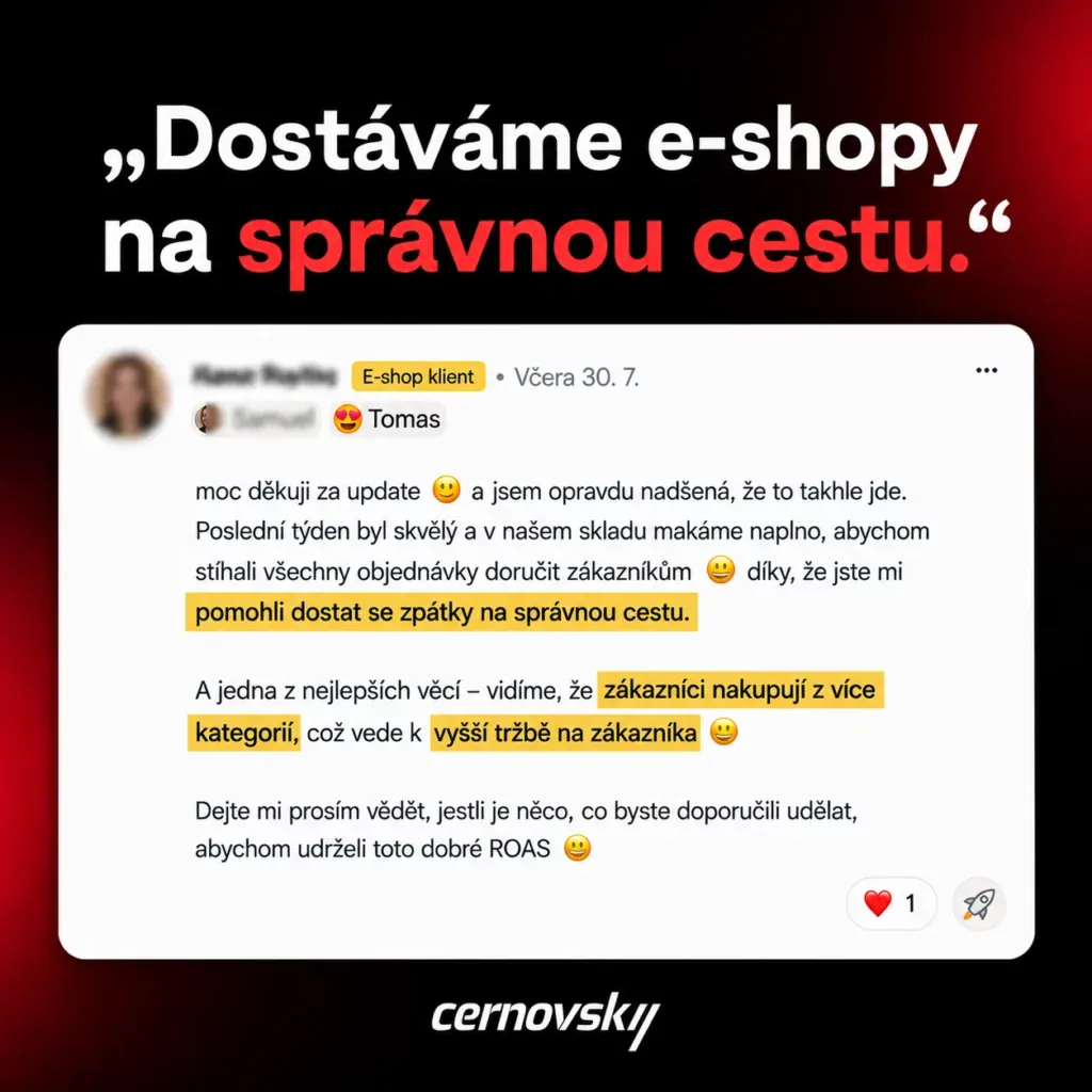 Online marketingová agentura Cernovsky — zpráva od klientky: zákazníci nakupují z více kategorií a tržba na zákazníka roste při zdravém ROAS; originální screenshot komunikace s klientkou