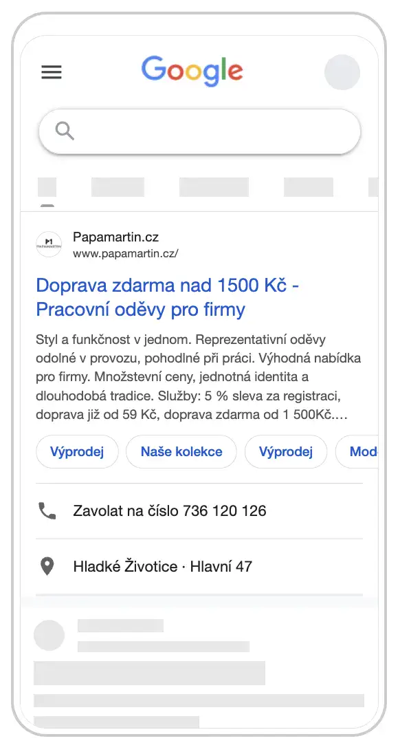 Google Ads reklama z Performance Max kampaně e-shopu Papa Martin – náhled reklamy Papa Martin ve vyhledávání Google: Doprava zdarma nad 1500 Kč – Pracovní oděvy pro firmy