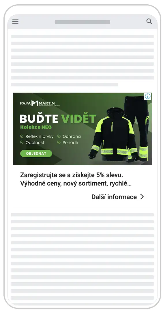 Google Ads reklama z Performance Max kampaně e-shopu Papa Martin – náhled bannerové reklamy Papa Martin v obsahové síti: Buďte vidět, kolekce Neo s reflexními prvky