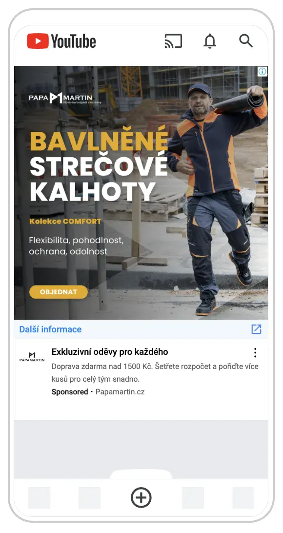 Google Ads reklama z Performance Max kampaně e-shopu Papa Martin – náhled reklamy Papa Martin na YouTube: Bavlněné strečové kalhoty, kolekce Comfort