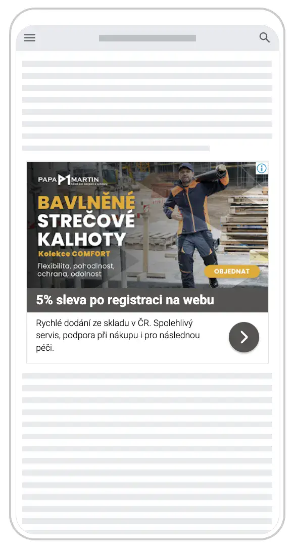 Google Ads reklama z Performance Max kampaně e-shopu Papa Martin – náhled responzivní reklamy Papa Martin v obsahové síti: Bavlněné strečové kalhoty, 5% sleva po registraci na webu