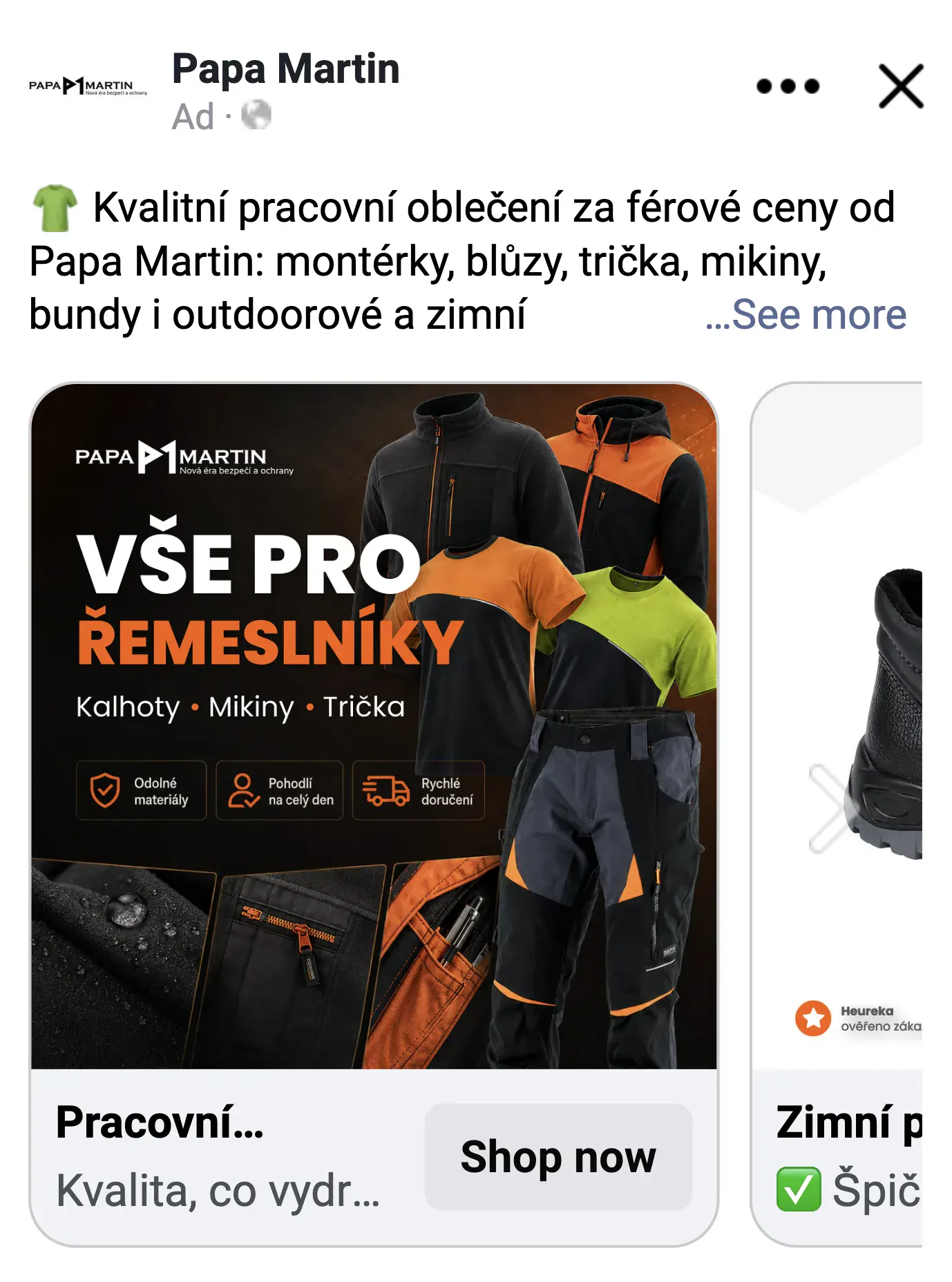 Katalogová reklama na Facebooku a Instagramu (Meta Ads) pro e-shop Papa Martin – náhled katalogové reklamy Papa Martin na Facebooku: úvodní karta Vše pro řemeslníky – kalhoty, mikiny, trička, za ní produkty z katalogu s rámečkem