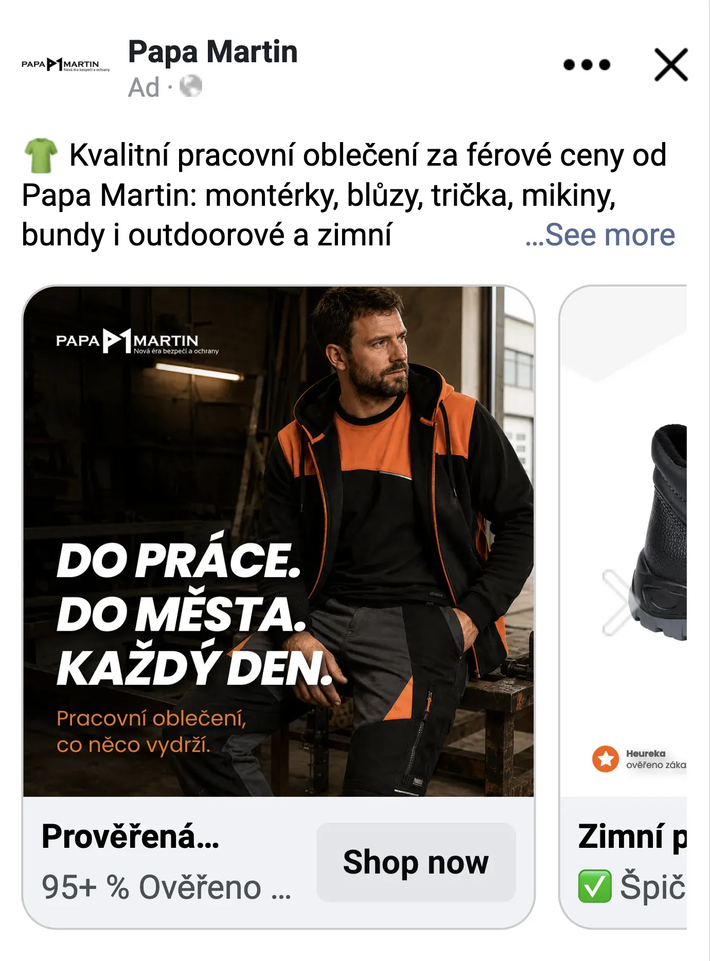 Katalogová reklama na Facebooku a Instagramu (Meta Ads) pro e-shop Papa Martin – náhled katalogové reklamy Papa Martin na Facebooku: úvodní karta Do práce. Do města. Každý den., za ní produkty z katalogu s rámečkem