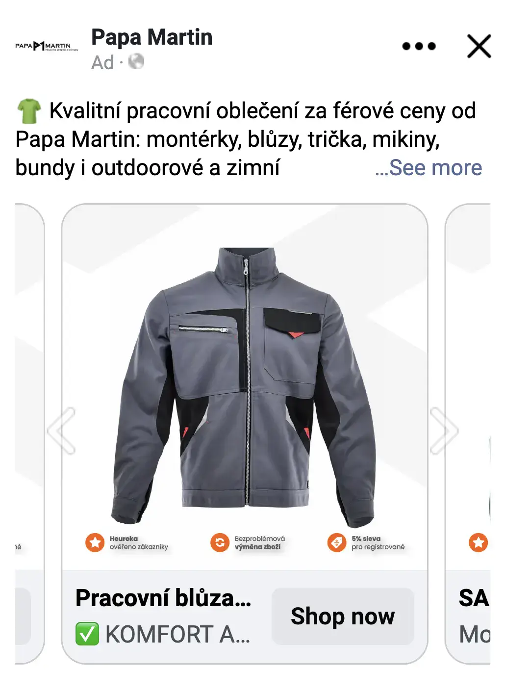 Katalogová reklama na Facebooku a Instagramu (Meta Ads) pro e-shop Papa Martin – náhled katalogové reklamy Papa Martin na Facebooku: pracovní blůza z katalogu s přelepkou výhod e-shopu – Heureka ověřeno zákazníky, bezproblémová výměna zboží, 5% sleva pro registrované