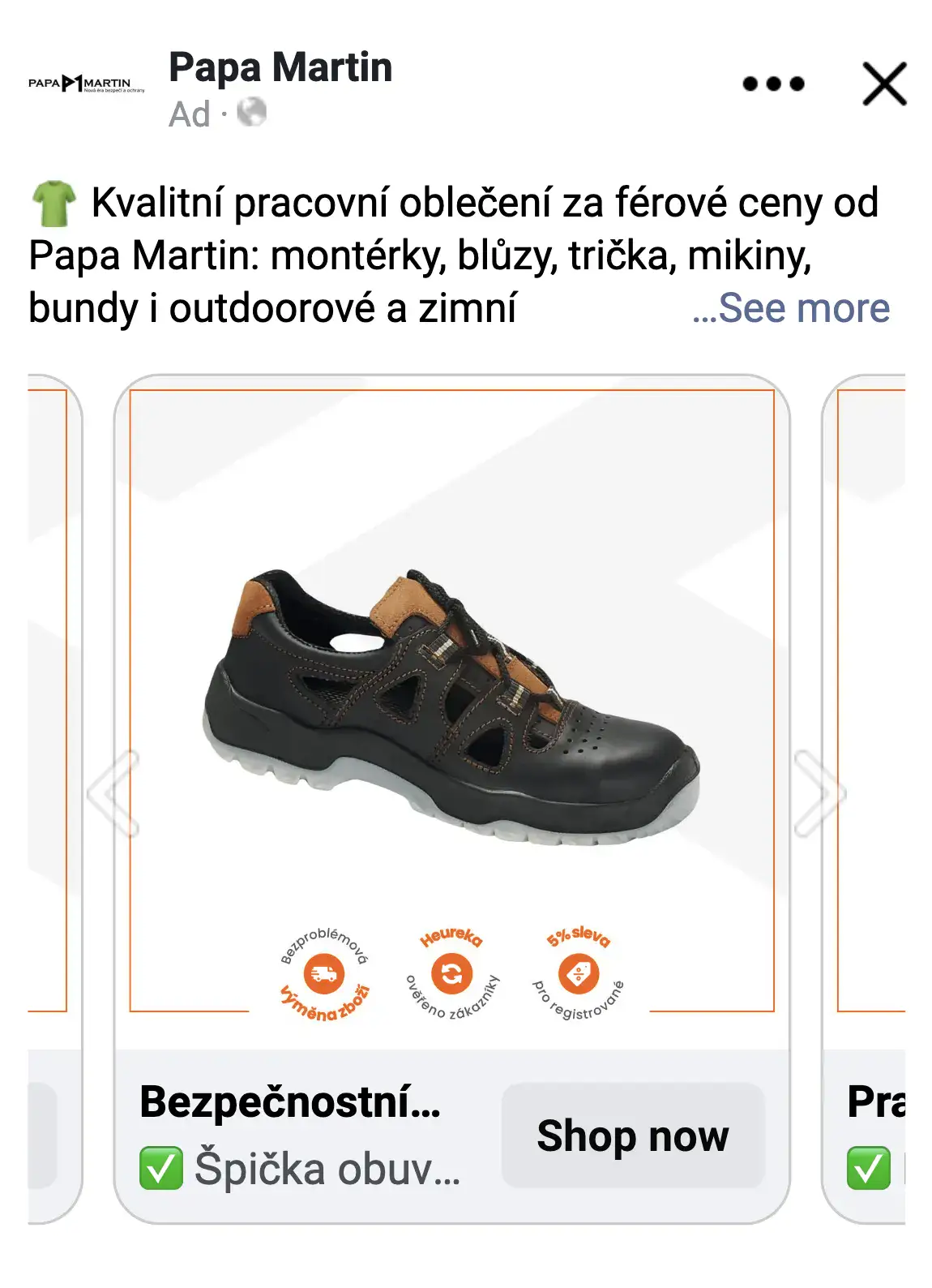 Katalogová reklama na Facebooku a Instagramu (Meta Ads) pro e-shop Papa Martin – náhled katalogové reklamy Papa Martin na Facebooku: bezpečnostní obuv z katalogu s oranžovým rámečkem a ikonami výhod – bezproblémová výměna zboží, Heureka ověřeno zákazníky, 5% sleva pro registrované