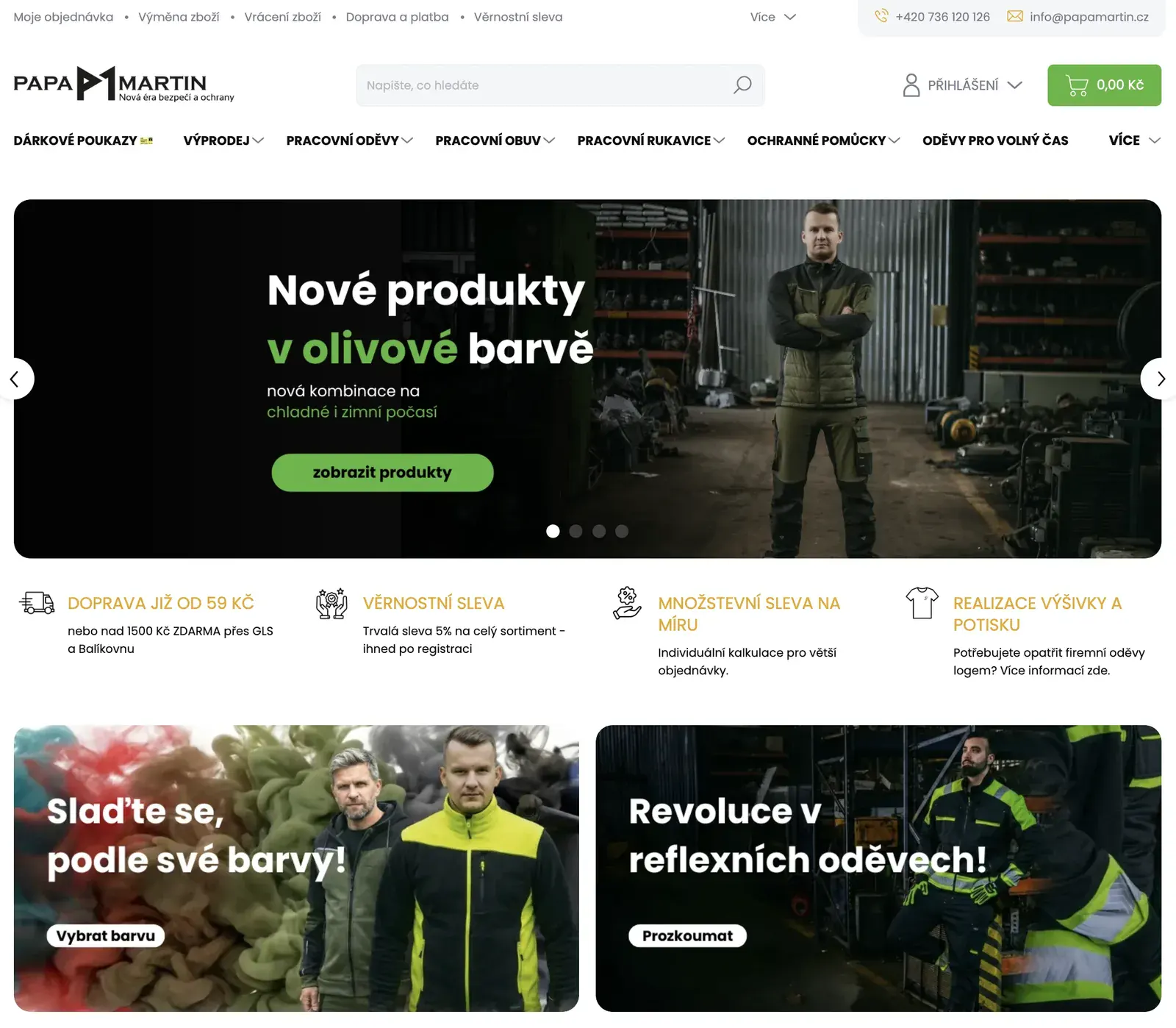 Online marketing pro e-shop Papa Martin – případová studie: úvodní stránka e-shopu Papa Martin s pracovním oblečením – nové produkty v olivové barvě, doprava, věrnostní sleva, výšivky a potisky firemních oděvů
