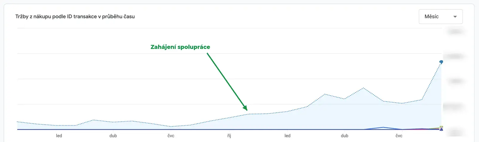 Výsledky online marketingu pro e-shop Papa Martin – originální screenshot z Google Analytics 4 e-shopu Papa Martin: tržby z nákupů po měsících, výrazný růst v roce 2026; hodnoty na ose jsou rozmazané