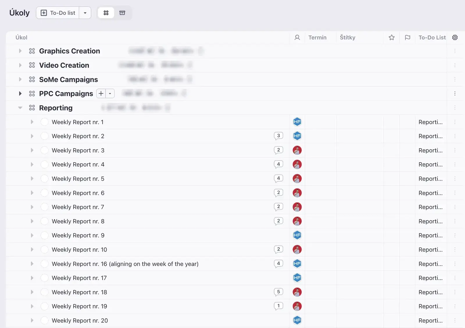 Řízení online marketingu pro e-shop Papa Martin – přehled úkolů v projektovém nástroji: seznamy pro grafiku, videa, kampaně a očíslované týdenní reporty pro Papa Martin