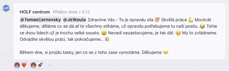 Reakce klienta na výsledky online marketingu pro e-shop – originální screenshot zprávy klienta Papa Martin ve Freelu z 0:13: to je opravdu síla, skvělá práce, tohle ve dvou lidech už je trochu velké sousto, odvádíte skvělou práci, tak pokračujeme