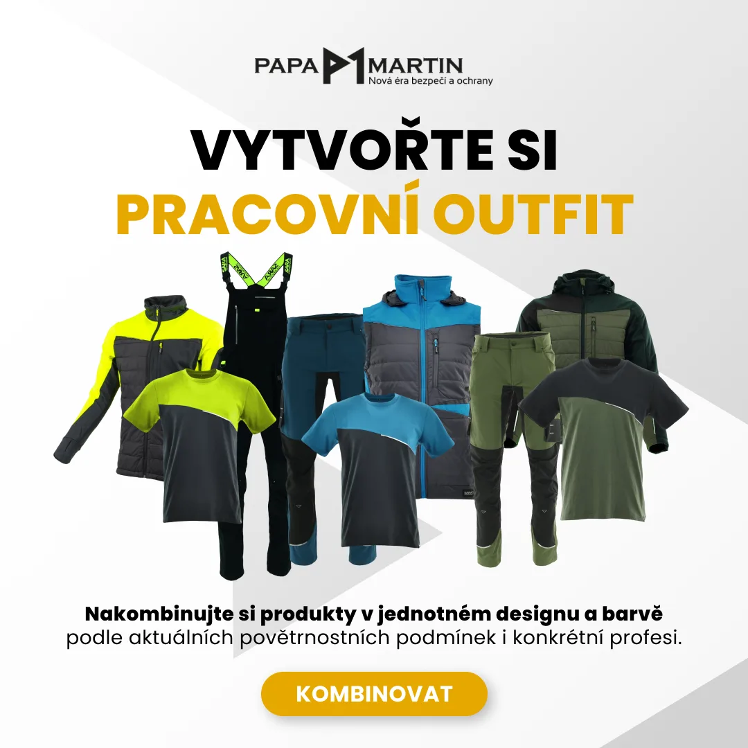 Banner pro Meta reklamu (Facebook a Instagram) e-shopu Papa Martin: Vytvořte si pracovní outfit – kombinace bundy, vesty, kalhot a triček v jednotném designu a barvě