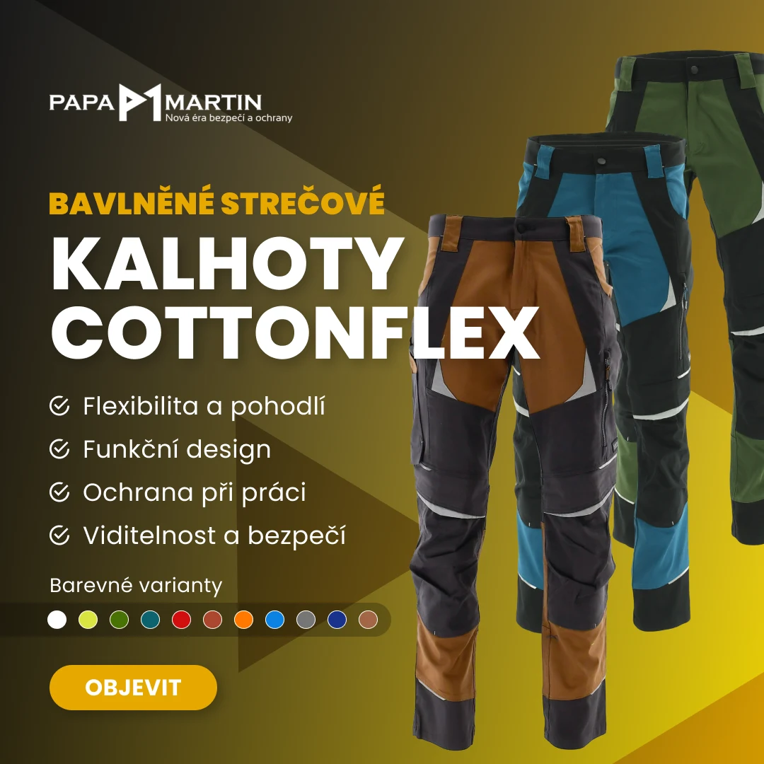 Banner pro Meta reklamu (Facebook a Instagram) e-shopu Papa Martin: bavlněné strečové kalhoty Cottonflex, výhody v odrážkách (flexibilita, funkční design, ochrana, viditelnost) a barevné varianty