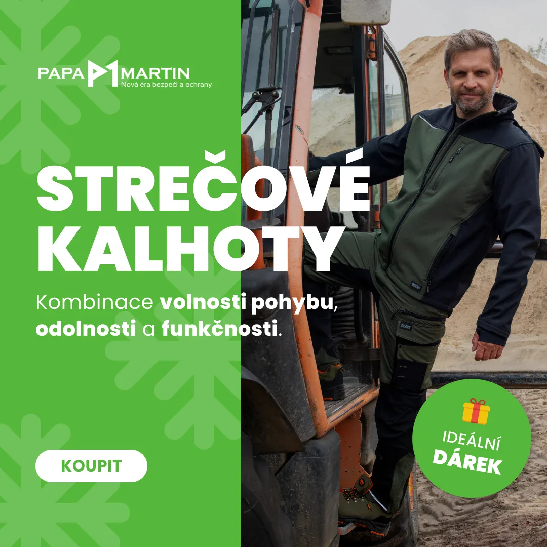 Banner pro Meta reklamu (Facebook a Instagram) e-shopu Papa Martin: strečové kalhoty jako ideální dárek – vánoční varianta se zeleným pozadím a mužem u bagru