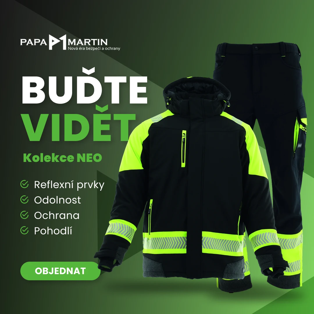 Banner pro Meta reklamu (Facebook a Instagram) e-shopu Papa Martin: Buďte vidět – reflexní bunda z kolekce Neo, výhody reflexní prvky, odolnost, ochrana, pohodlí