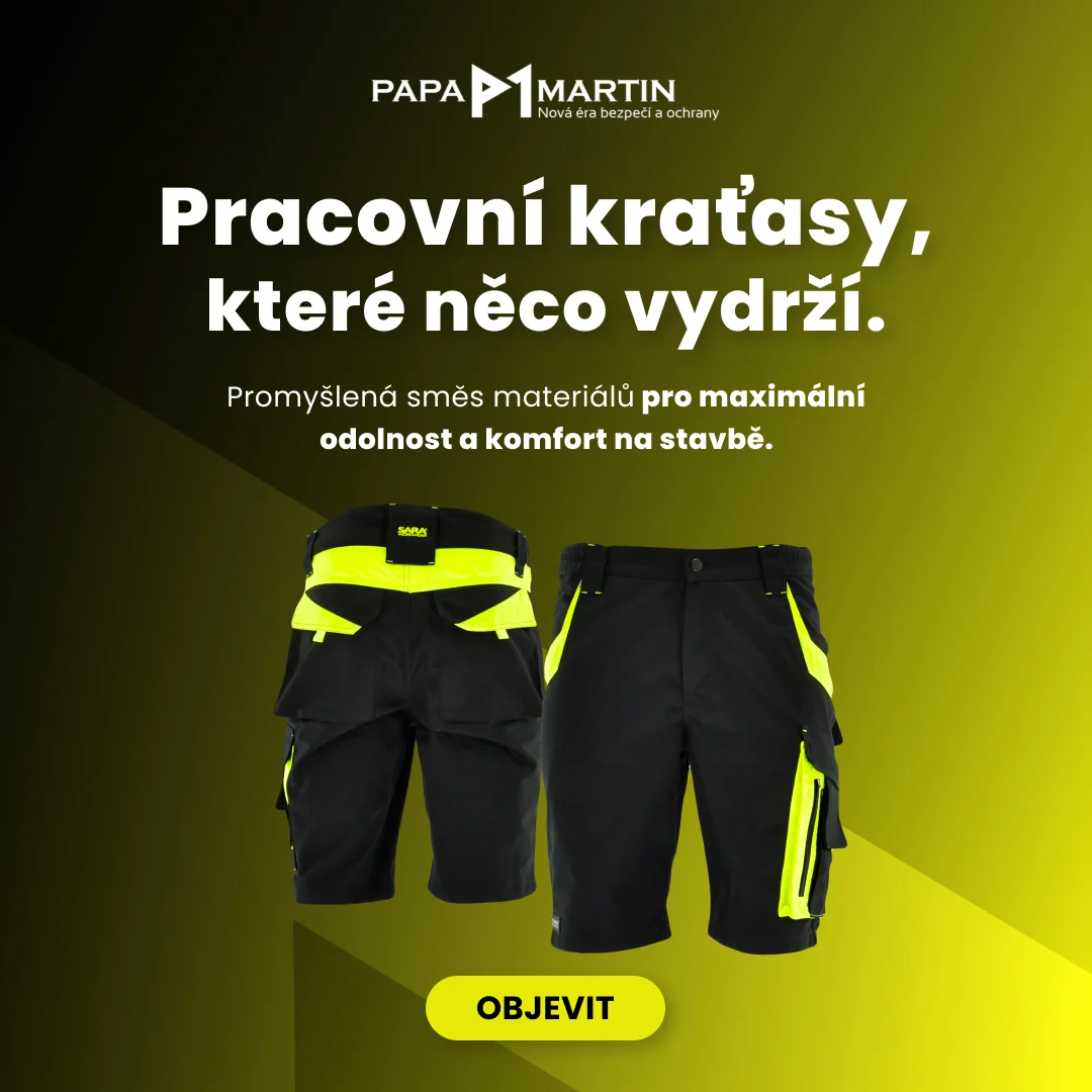 Banner pro Meta reklamu (Facebook a Instagram) e-shopu Papa Martin: Pracovní kraťasy, které něco vydrží – černé kraťasy s reflexními prvky, směs materiálů pro odolnost a komfort na stavbě