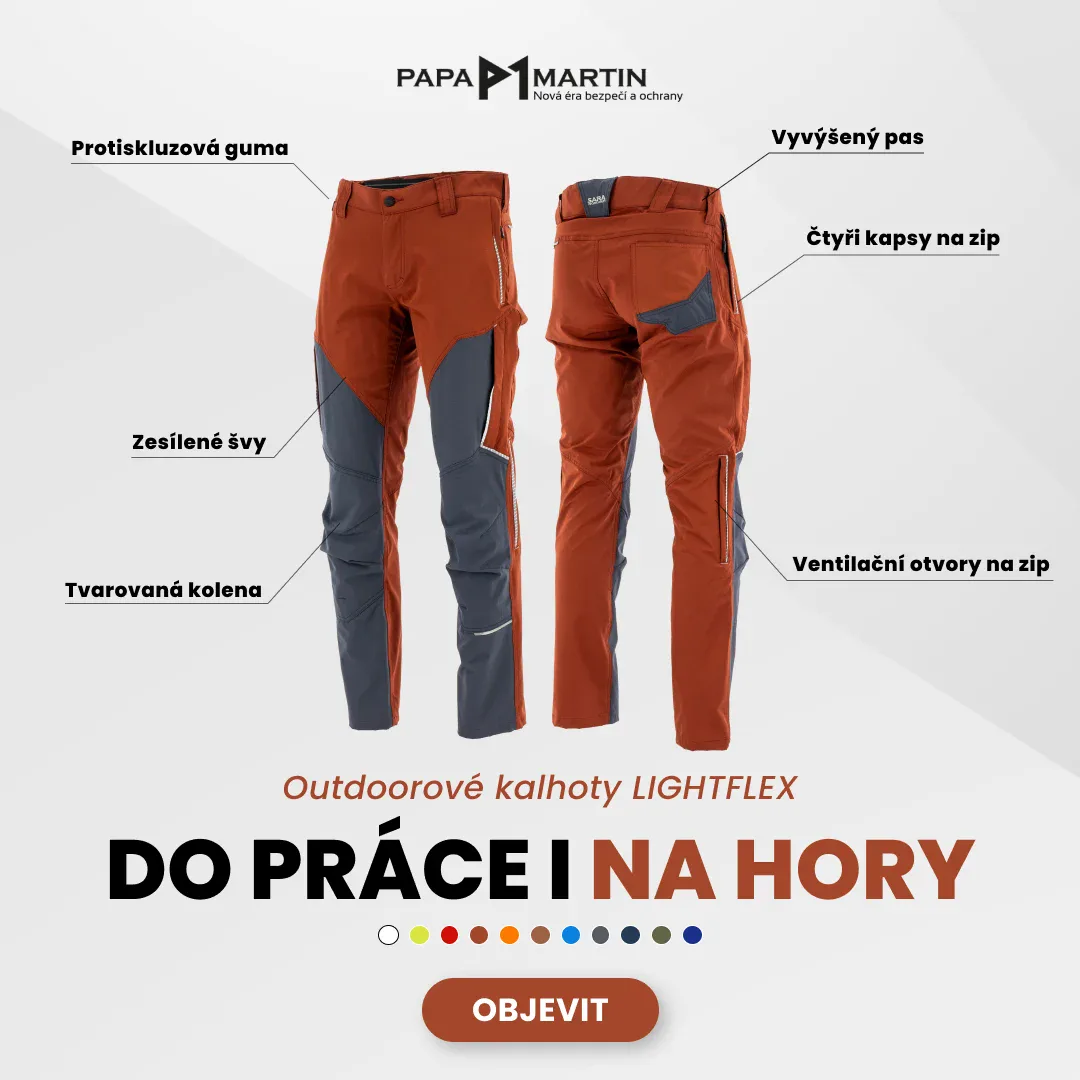 Banner pro Meta reklamu (Facebook a Instagram) e-shopu Papa Martin: outdoorové kalhoty Lightflex – Do práce i na hory, popisky funkcí (protiskluzová guma, zesílené švy, tvarovaná kolena, kapsy na zip)