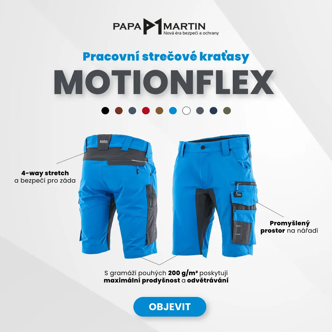 Banner pro Meta reklamu (Facebook a Instagram) e-shopu Papa Martin: modré pracovní strečové kraťasy Motionflex s popisky funkcí přímo na produktu – 4-way stretch, promyšlený prostor na nářadí, gramáž 200 g/m²