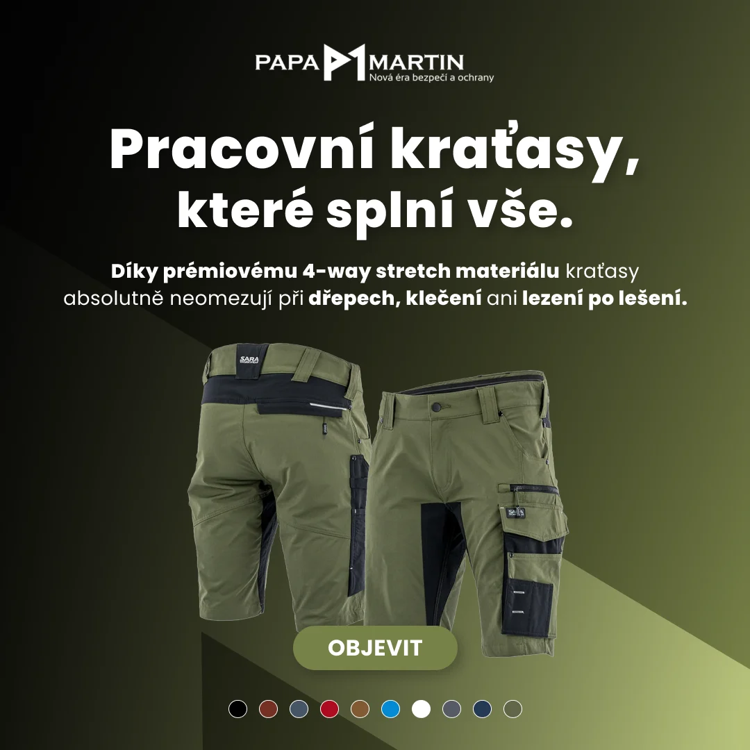 Banner pro Meta reklamu (Facebook a Instagram) e-shopu Papa Martin: Pracovní kraťasy, které splní vše – kraťasy Motionflex ze 4-way stretch materiálu a barevné varianty